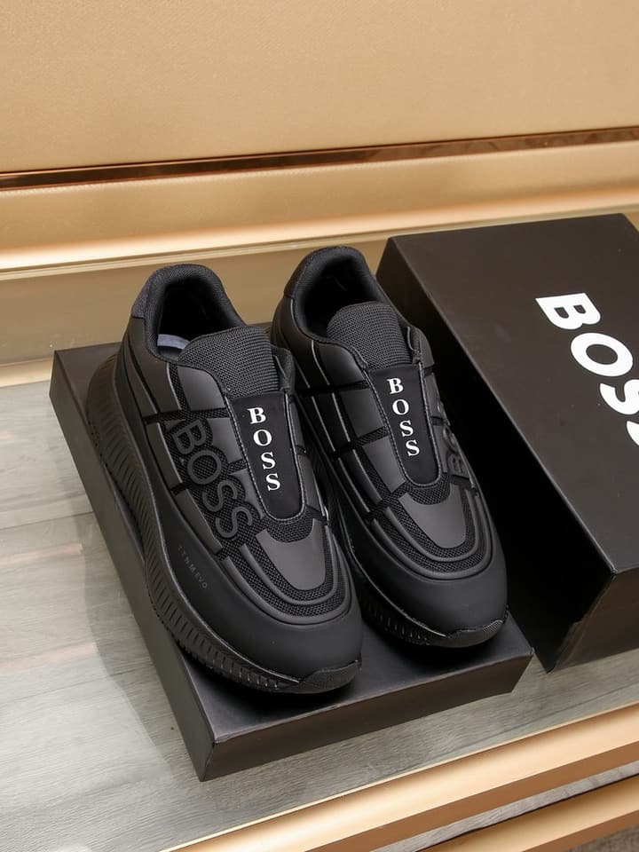 Boss New Men's Luxury Athletic Sneakers in Black With White Detail