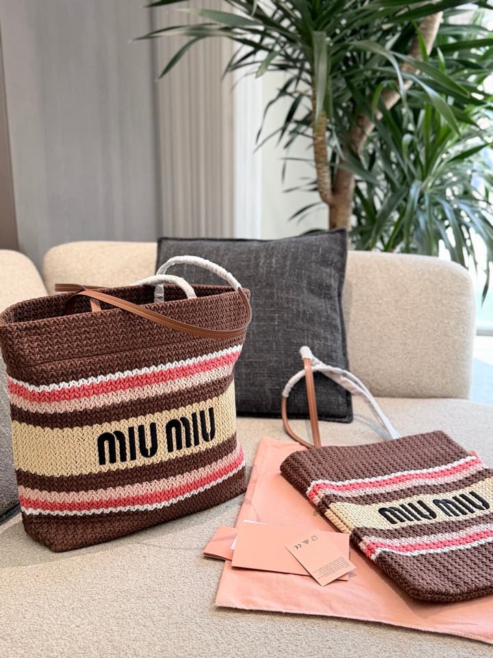Miu Miu Knit Woven Large Tote Bag in Burgundy Multi-Color Striped