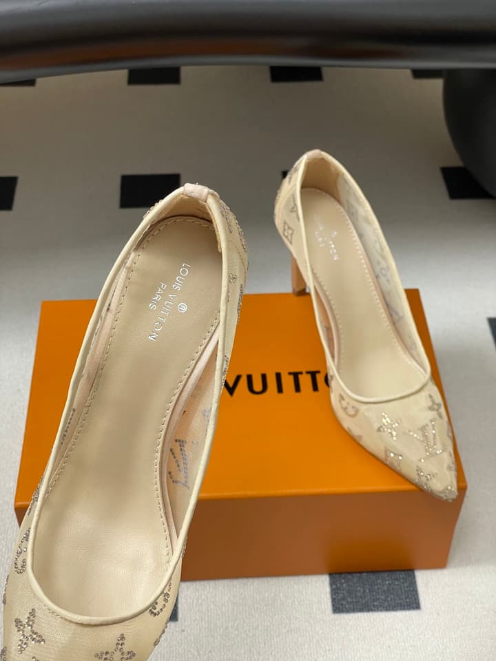 Louis Vuitton Gala Mesh Rhinestone High Heels – 25SS in Beige Monogram Lace
