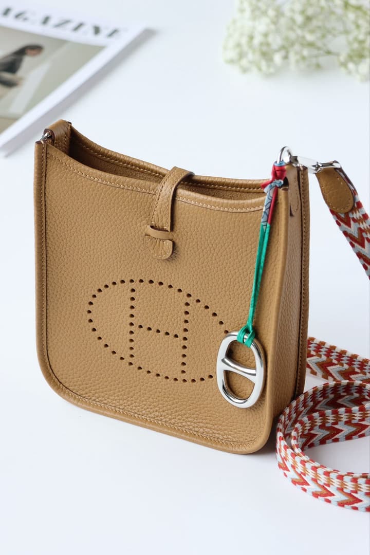 Hermès Mini Evelyne TPM – Biscuit with Colorful Strap in Biscuit With Colorful Strap