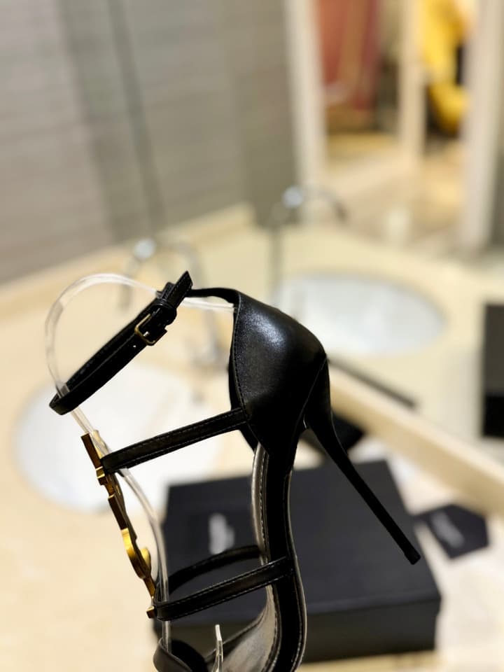 Saint Laurent YSL Logo Lacquer Heeled Sandals in Black Matte With Black Logo