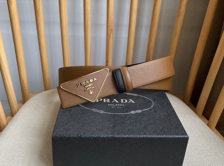 Prada Triangle Logo Buckle Belt in Classic Camel Leather