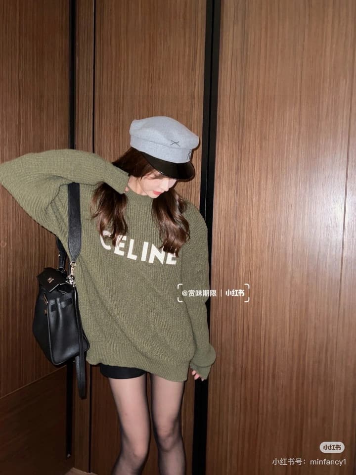 Celine Classic Embroidered Crewneck Sweater in Army Green