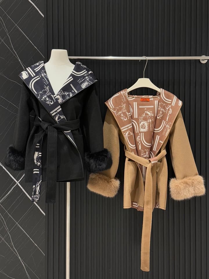 Hermès Old Money Detachable Faux Fur Sleeve Coat in Black With Patterned Reversible Side