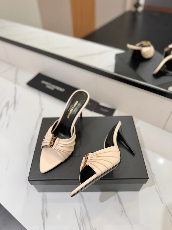Saint Laurent Crystal Chain Heeled Sandals – 2025 Spring/Summer Collection in Beige