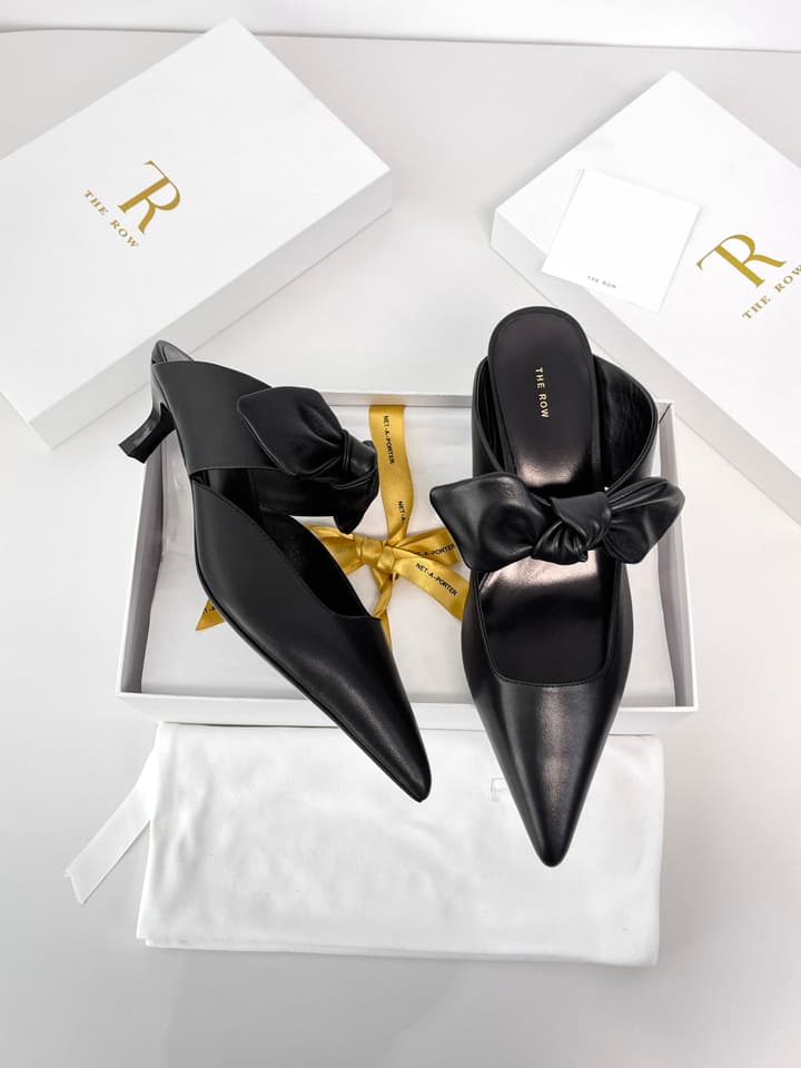 The Row Leather Bow Mules in Black Leather
