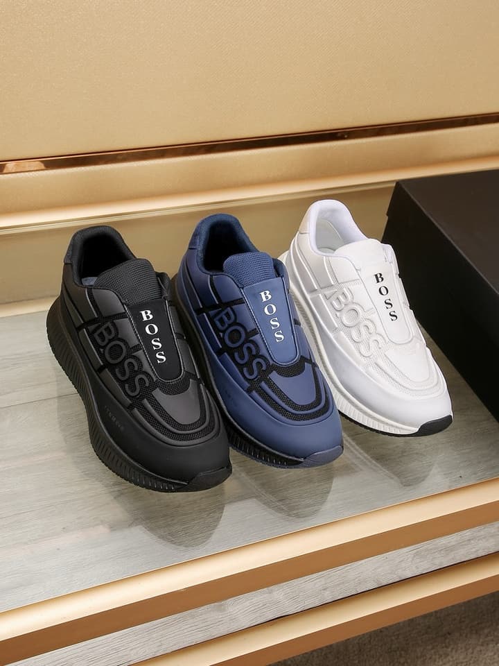 Boss New Men's Luxury Athletic Sneakers in Black With White Detail