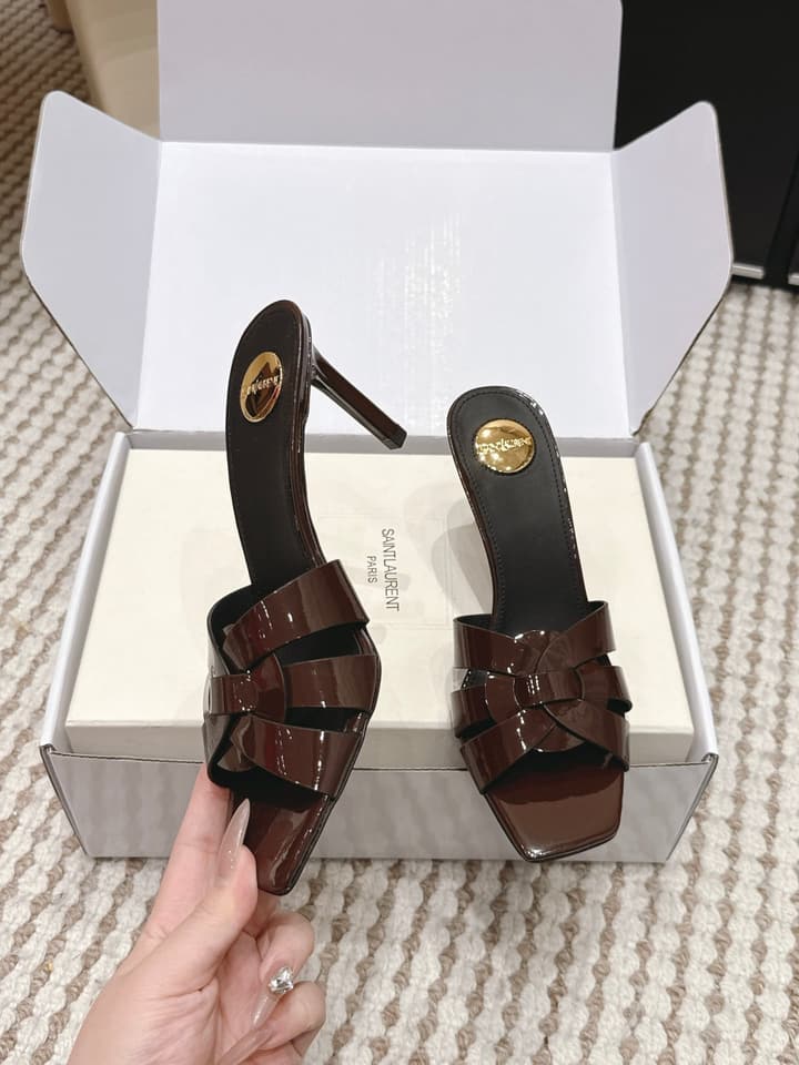 Saint Laurent Melody Square-Toe Heeled Sandals – 2026 Spring/Summer Collection in Beige Patent