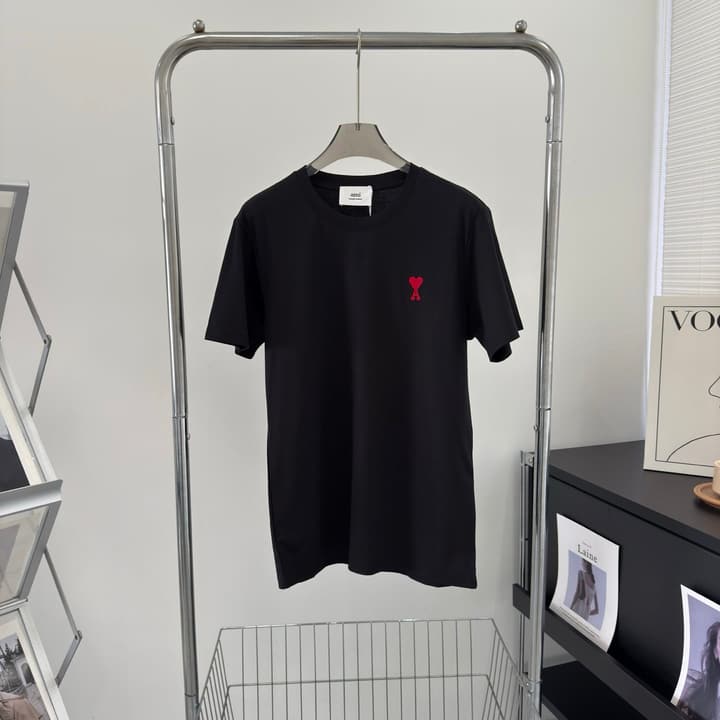 AMI Paris Small Logo Embroidered Cotton T-Shirt in Classic Black