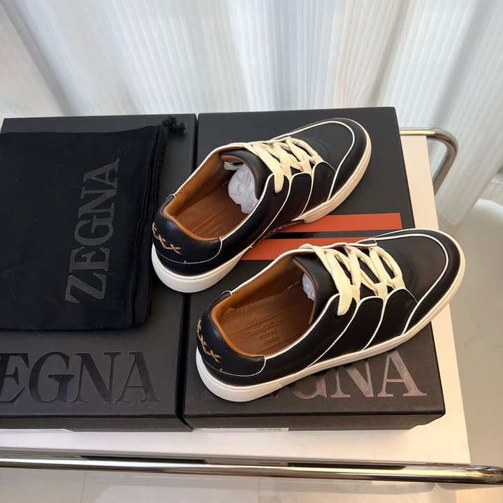 Zegna TIZIANO Calfskin Low-Top Sneakers in Black With White Sole