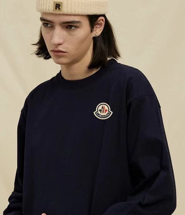 Moncler Men's Classic Cotton Long Sleeve T-Shirt in Navy Blue