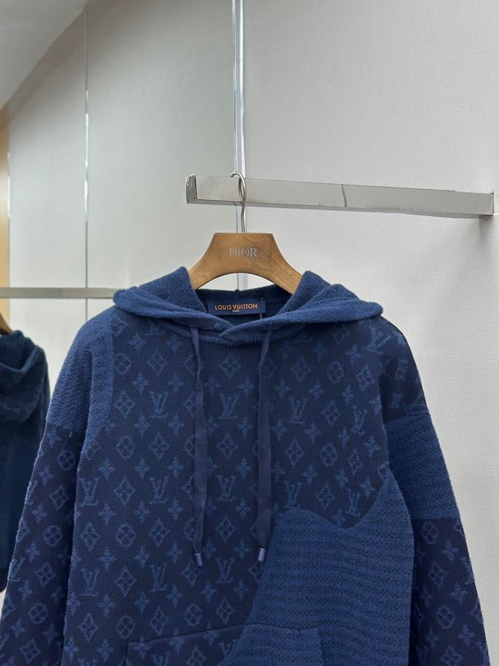 Louis Vuitton Monogram Jacquard Spliced Cashmere Hoodie in Dark Navy Monogram Jacquard