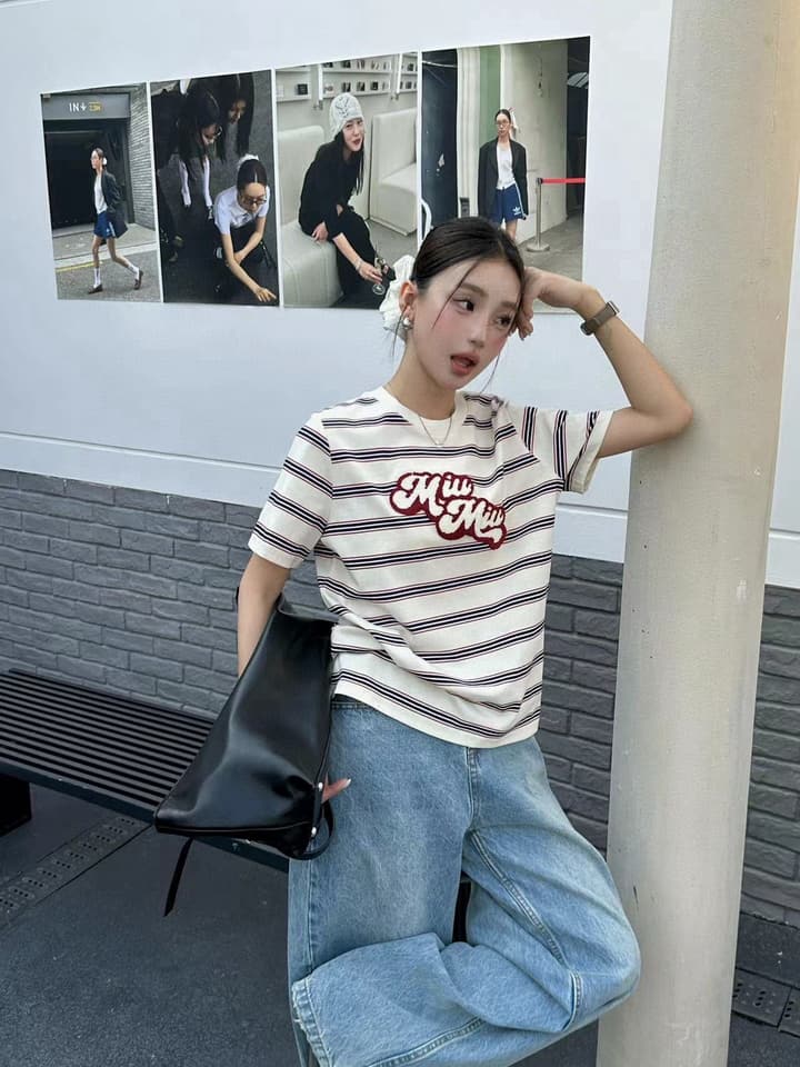 Miu Miu Embroidered Striped T-Shirt in Cream Striped