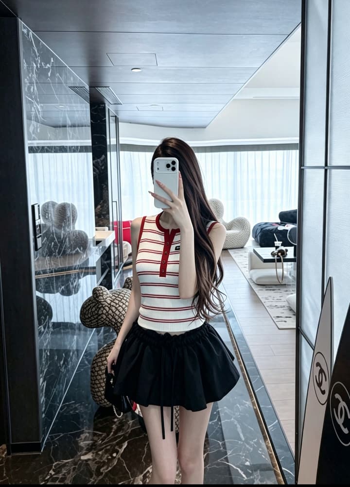 Miu Miu Striped Buttoned Slim-Fit Tank Top in Coffee