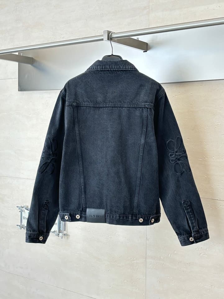 Loewe Embroidered Washed Distressed Denim Jacket in Washed Black