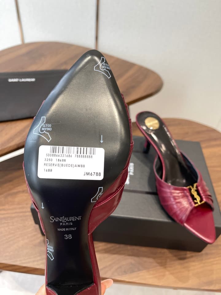 Saint Laurent Pointed Toe Stiletto Heeled Sandals – 26SS in Black - Gold Logo Plaque