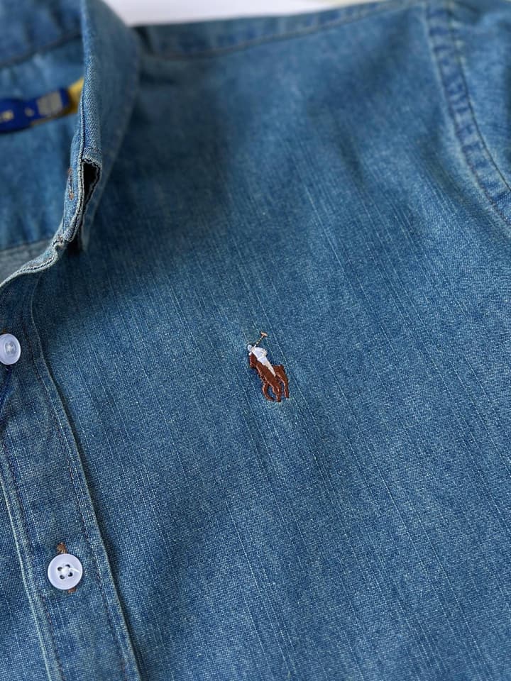 Ralph Lauren Washed Denim Shirt with Embroidered Logo in Dark Wash Denim Flat Lay