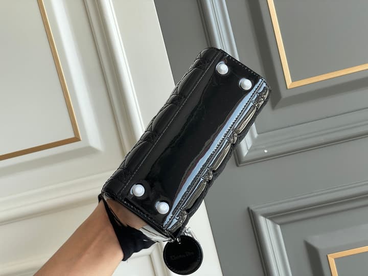 Dior Lady Dior Three-Grid Patent Leather Shoulder Bag in Black Patent With Silver Hardware