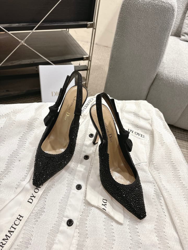Dior J'Adior Embroidered Strap Kitten Heel Sandals in Black Patterned Fabric