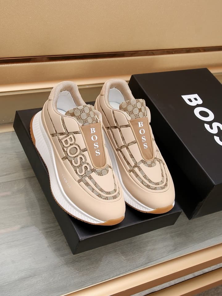 Boss New Men's Luxury Athletic Sneakers in Black With White Detail