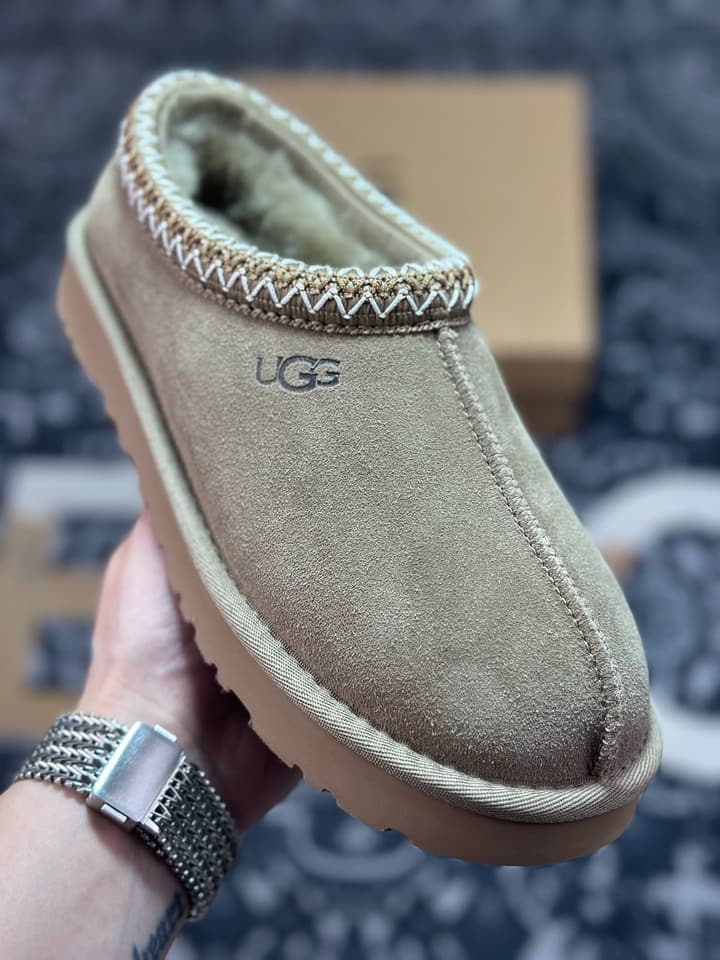 UGG Tazz Thin Sole Sheepskin Snow Boots in Black With White Patterned Trim