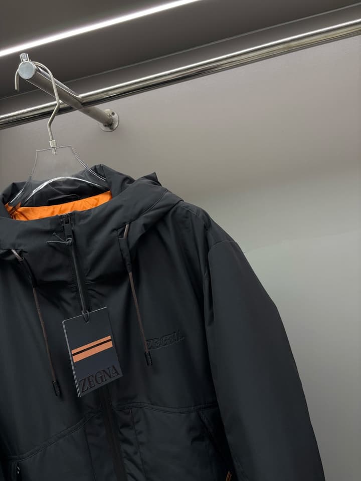 Zegna Letter Embossed Down Jacket in Classic Black