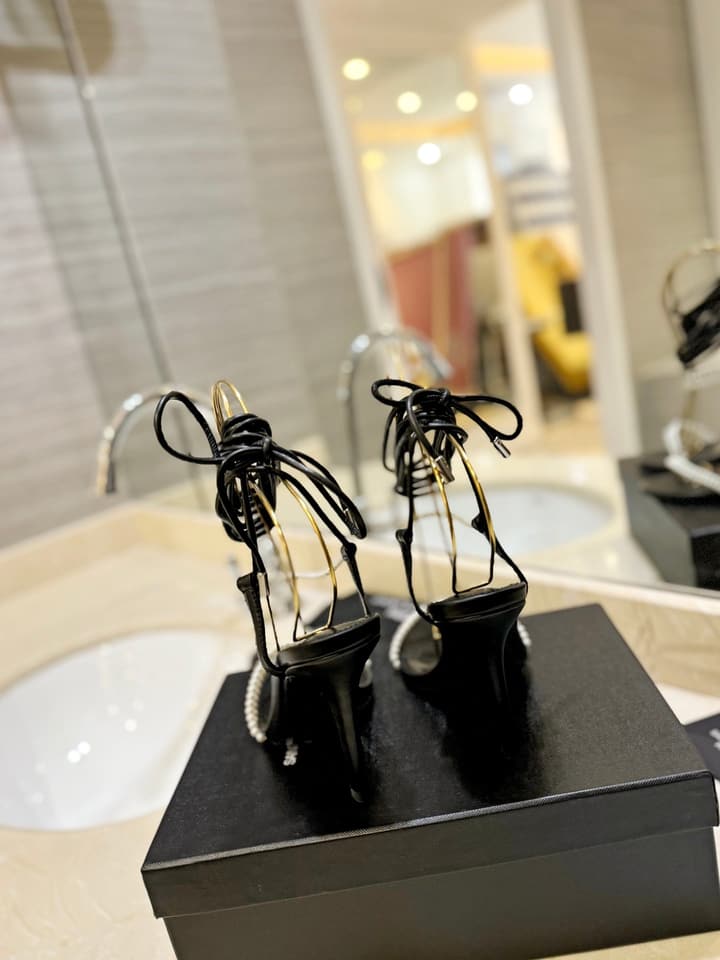 Saint Laurent YSL Pearl Strappy Heeled Sandals in All Black