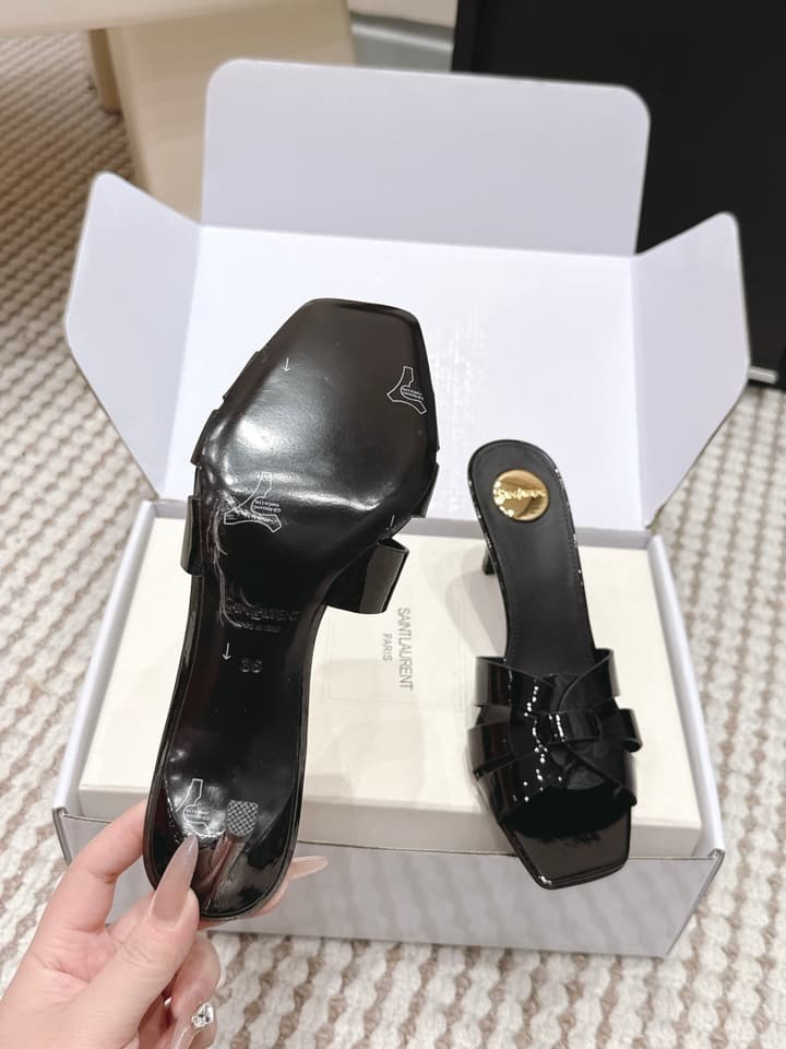 Saint Laurent Melody Square-Toe Heeled Sandals – 2026 Spring/Summer Collection in Beige Patent