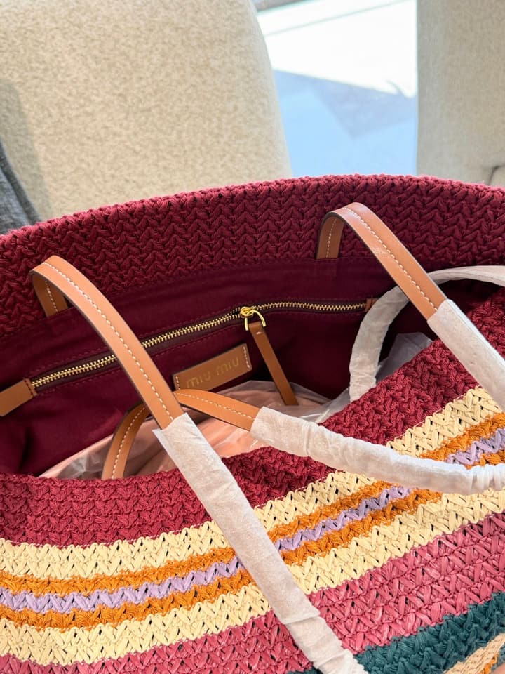 Miu Miu Knit Woven Large Tote Bag in Burgundy Multi-Color Striped