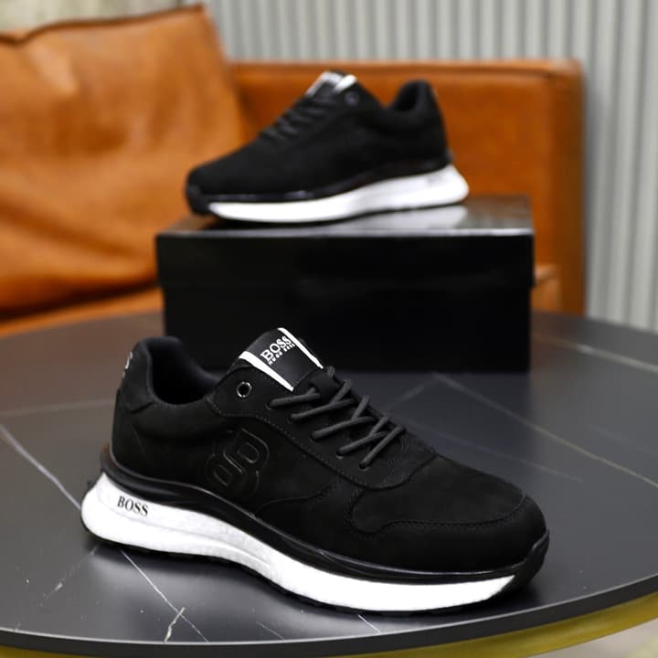 Boss Men's Luxury Running Sneakers in Black Mesh With White Sole