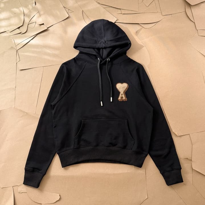 Ami Paris Towel Embroidered Heart Boxy Hoodie – 25FW in Classic Black