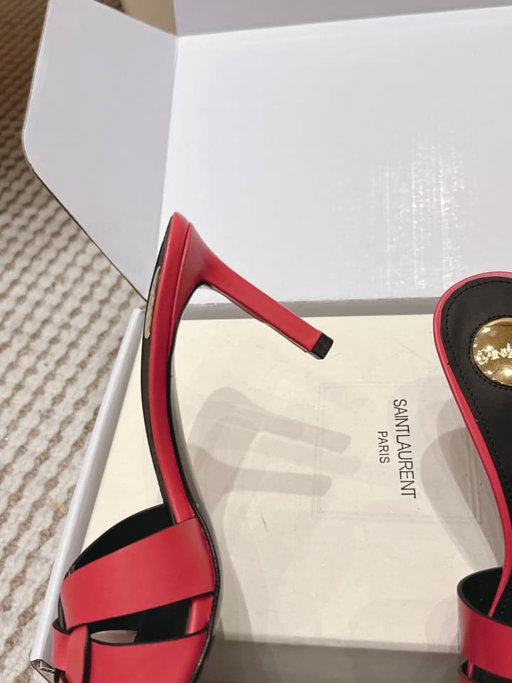 Saint Laurent Melody Square-Toe Heeled Sandals – 2026 Spring/Summer Collection in Beige Patent
