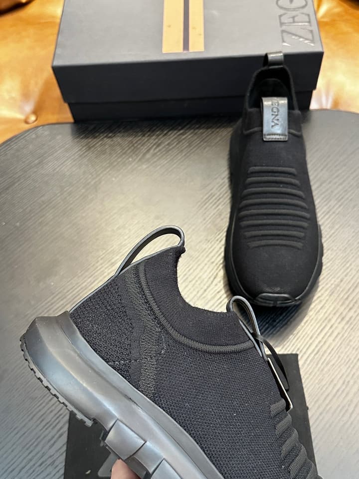 Zegna Techmerino Slip-On Sneakers in Dark Navy With Green Accent