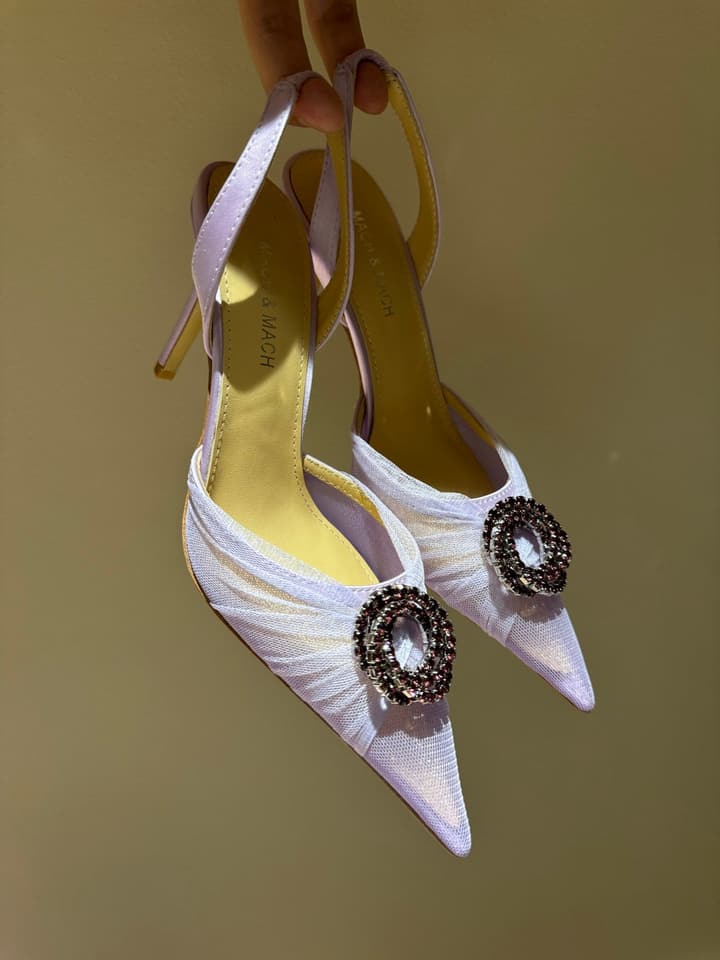 MACH & MACH Rhinestone Lace Heeled Sandals – 2025 Early Spring Collection in Cool Nude Black Cap Toe