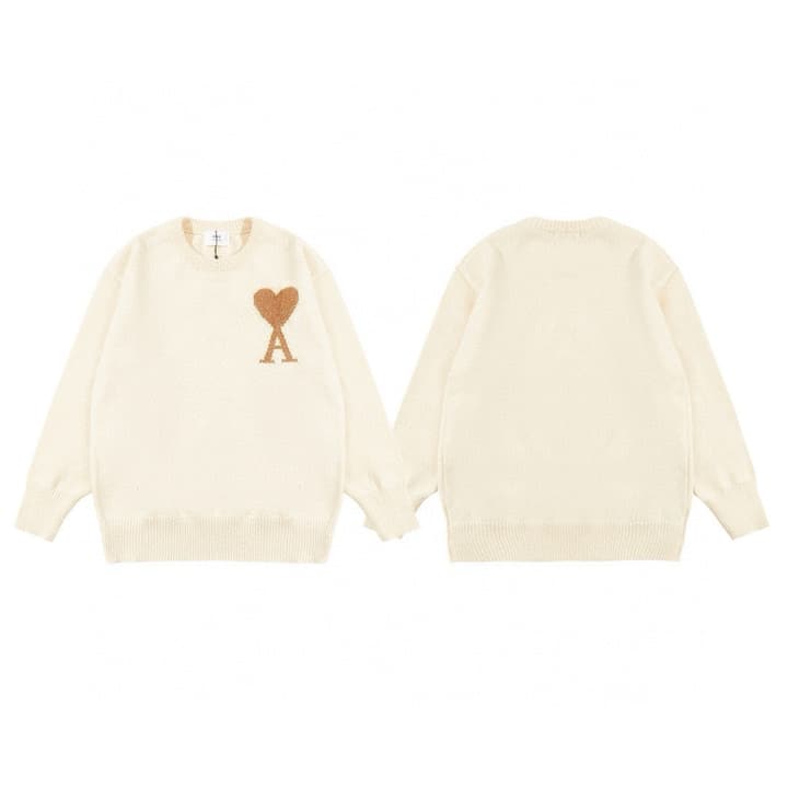AMI Paris Gold Thread Heart Jacquard Sweater – 24FW Limited Edition in Off-white Gold Heart Knit