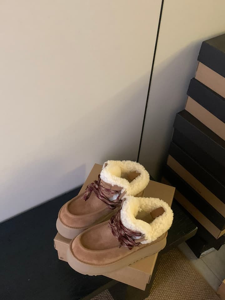 UGG Fluff Lace-Up Ankle Boots in Dark Blue With Gold Chain