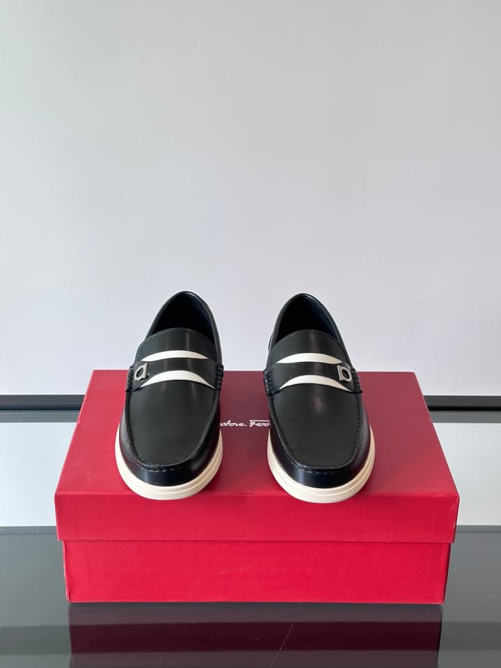 Ferragamo Men's Imported Calfskin Driving Shoes in Classic Black Leather
