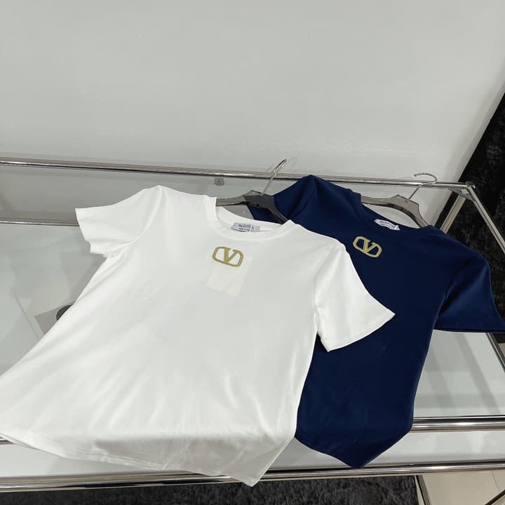 Valentino V-Logo Gold Thread Embroidery T-Shirt in Blue