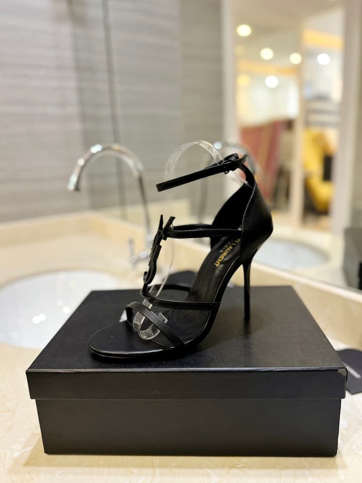 Saint Laurent YSL Logo Lacquer Heeled Sandals in Black Matte With Black Logo