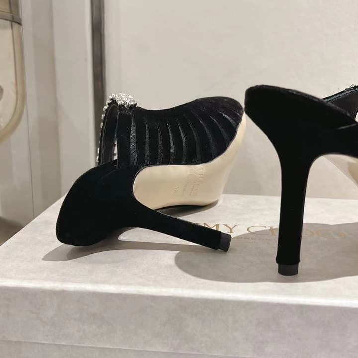 Jimmy Choo Pointed Toe Crystal Heeled Sandals – 2025 Collection in Black Suede