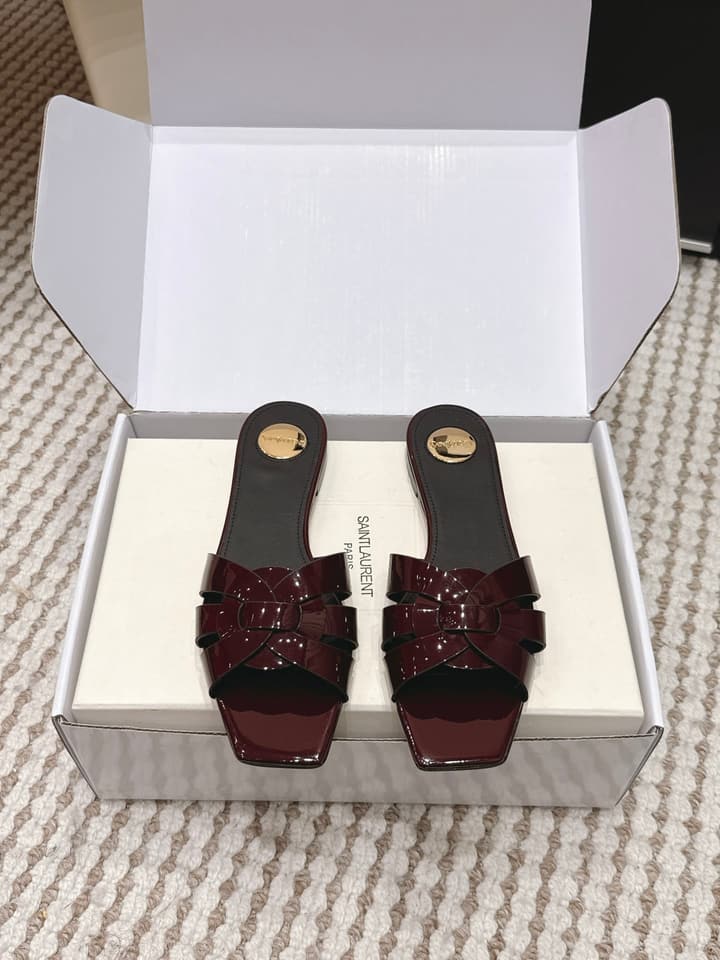 Saint Laurent Melody Square Toe Flat Sandals – 2026SS in Burgundy Patent