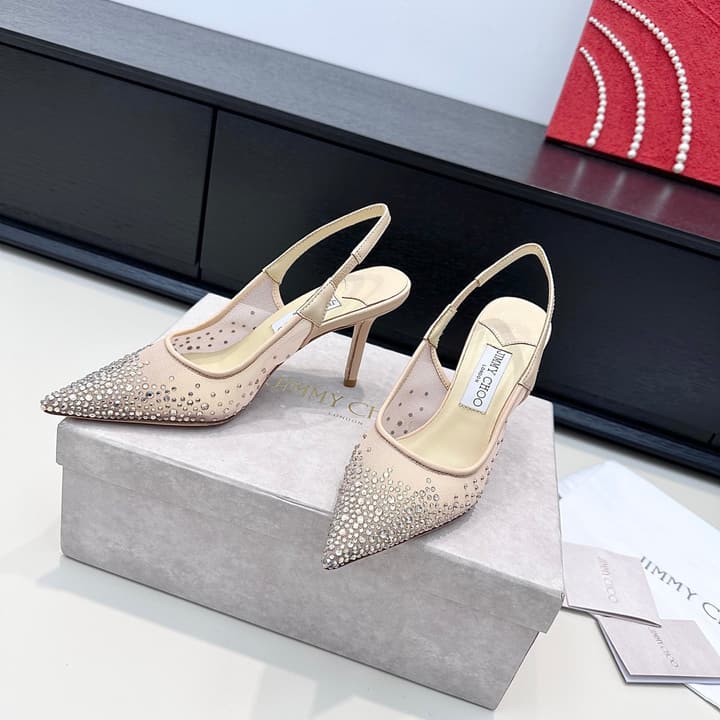 Jimmy Choo Mesh Rhinestone Slingback Heels – Spring/Summer Collection in Pure White