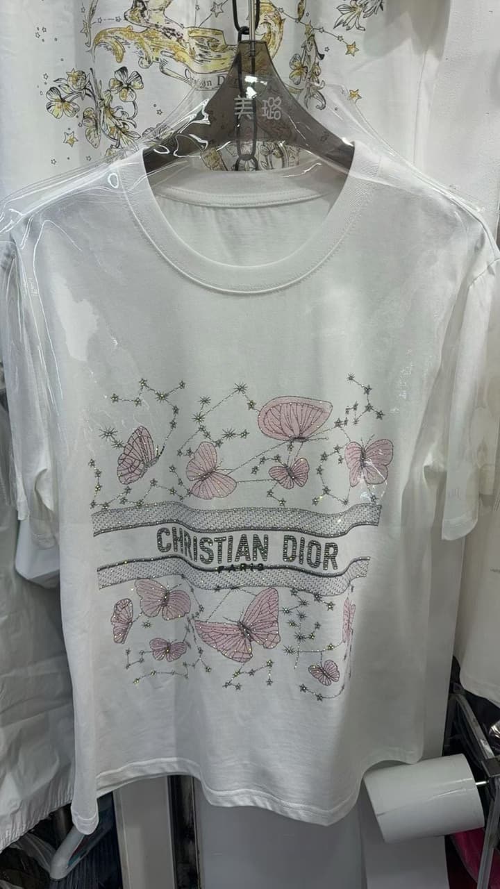 Dior Pink Butterfly Rhinestone Print T-Shirt in White With Pink Butterfly Print