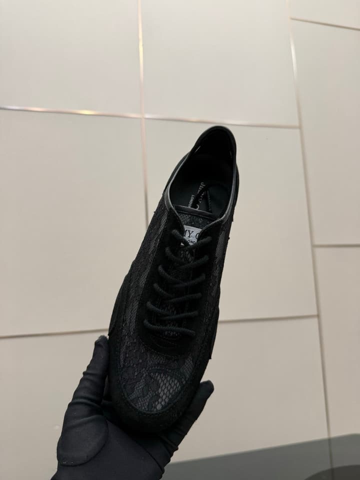 Jimmy Choo Lace-Trimmed Suede Sneakers in Black Lace