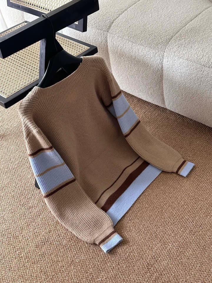 AMI Paris Warm Khaki V-Neck Sweater in Warm Khaki With Blue Color Block Sleeves