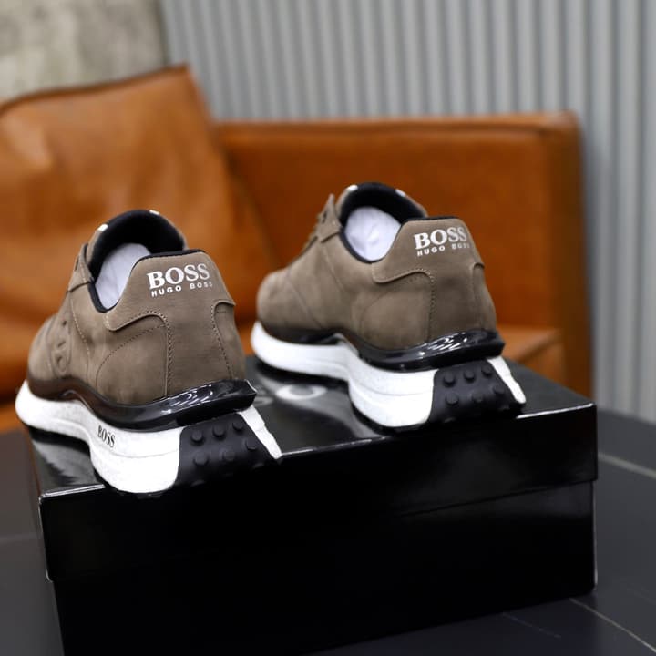Boss Men's Luxury Running Sneakers in Black Mesh With White Sole