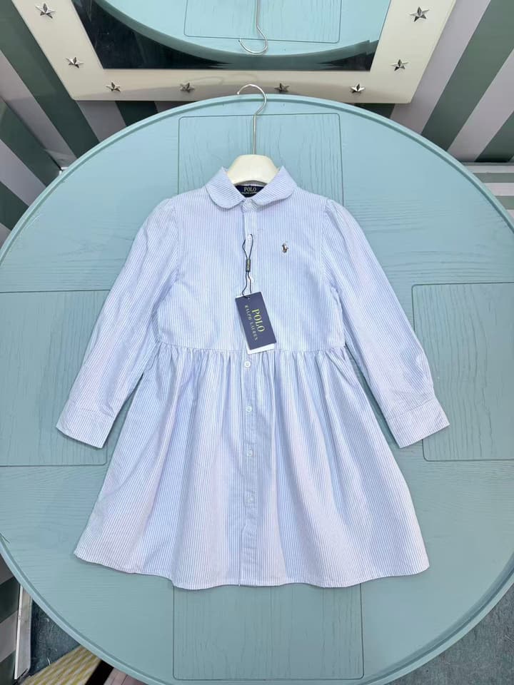 Ralph Lauren Polo Kids Embroidered Shirt Dress – 2025SS – Kids Collection in Blue Pinstripe
