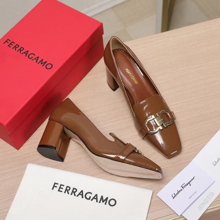 Ferragamo Classic Square Toe Pumps in Brown
