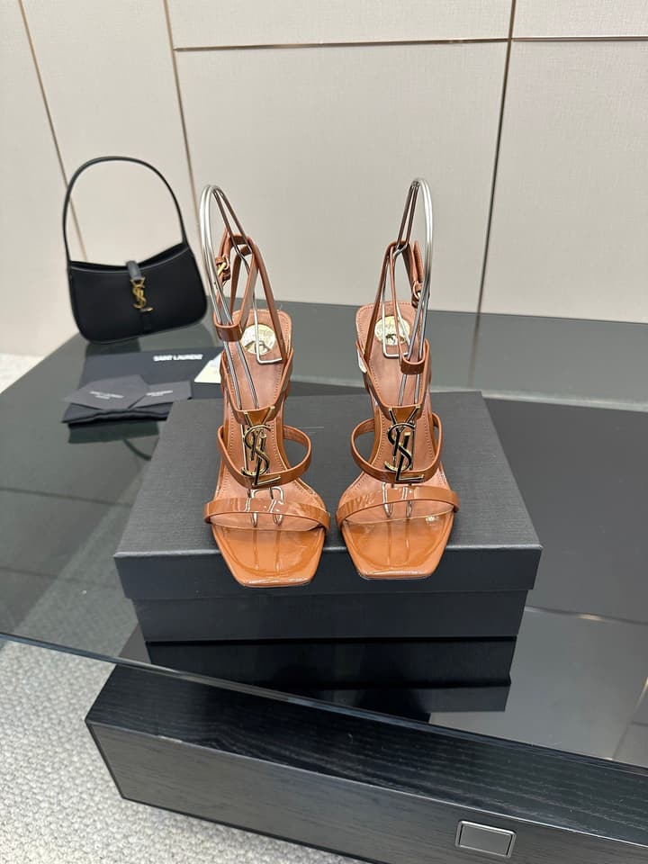 Saint Laurent Patent Leather Heeled Sandals in Bright Amber