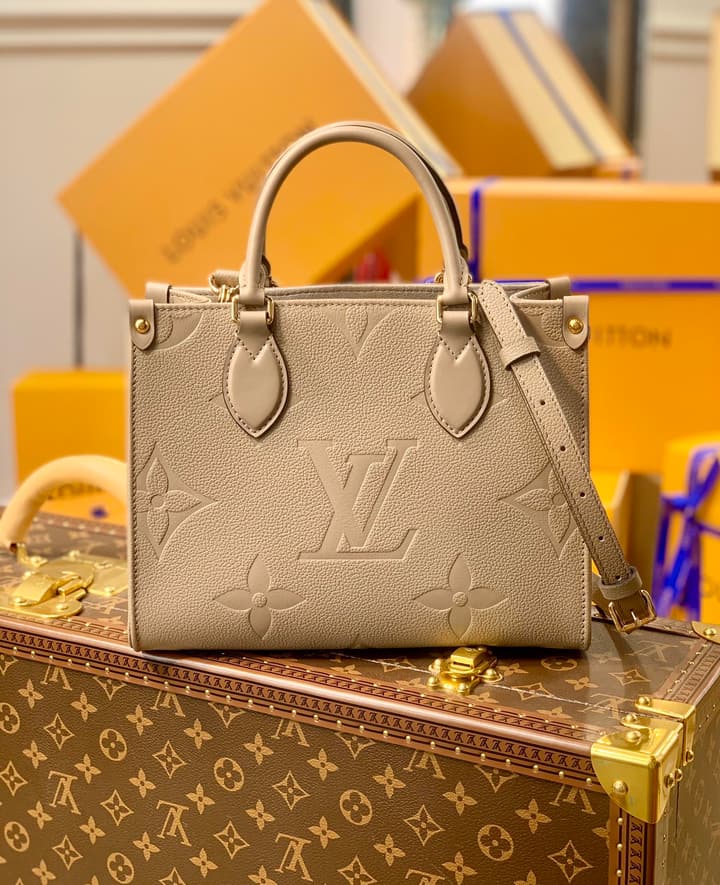 Louis Vuitton Onthego Small Tote Bag in Light Taupe Monogram Empreinte